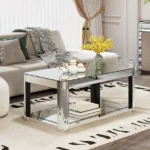 Goldoma lift top coffee table with baked curved mirror surface and wood frame in a modern living room
