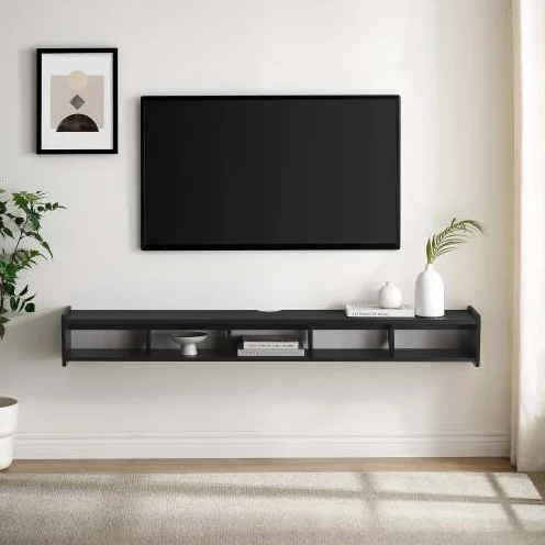 Hc906797d93d944c4a4cf5af22d96b3d2v.webp Black wall mounted tv stand with 5 cubbies holding a 65-inch TV