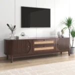 Goldoma modern farmhouse rattan TV stand for TVs up to 75 inches with solid wood legs and storage cabinets