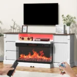 Goldoma mid-century TV stand with electric fireplace and LED lights for 80 inch TVs