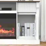 Goldoma Mid-Century 80" TV Stand with Electric Fireplace, 3-Sided Glass, Adjustable Shelves & LED Lights – styled in a