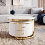 White round nesting coffee table with drawer by Goldoma, featuring a two-piece set for space-saving living room furniture