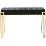 Black and gold mirrored glass console table 47 inch with gold hairpin legs in entryway decor setting
