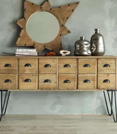 Goldoma midcentury modern solid wood storage cabinet with 5 drawers in a living room