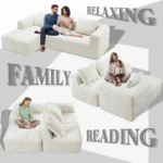 Modern L-shaped sectional sofa with chaise lounge in beige chenille fabric featuring deep seating and side pocket