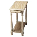 Gray farmhouse end table with shelf in living room