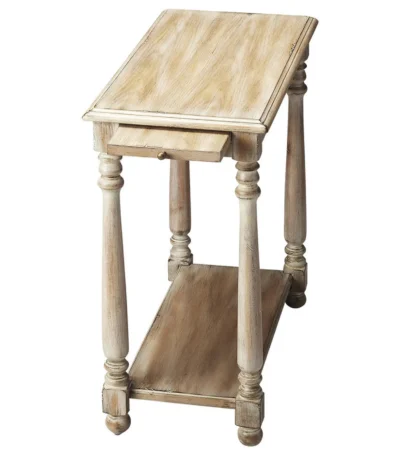 Gray farmhouse end table with shelf in living room