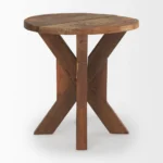 Rustic end table 26 inch reclaimed wood with distressed brown finish and X-style pedestal base in living room