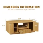 Modern oval coffee table with drawers and shelf in natural solid wood placed in living room