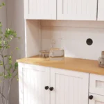 Modern pantry cabinet 71 inch with solid wood panel microwave countertop and six doors in white finish for kitchen storage organization
