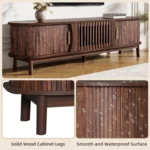 Goldoma Mid-Century Wood TV Stand for 75 inch TVs with adjustable storage cabinets and tapered legs in natural walnut finish