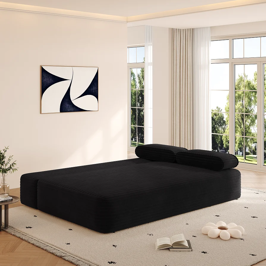 Hcc22744b6b5d49a0906c9bb0cb537e36D.webp Frameless Sofa Set 2-in-1 Convertible Sofa Bed 3 Pillows-Plush Corduroy Fabric Modern Multi-Functional 3-Seater Apartment Sofa - Image 1
