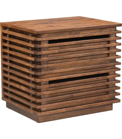 Goldoma 22 inch brown wood block end table with two drawers in a living room setting