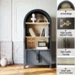 Goldoma tall bookcase with cabinet - mid-century modern 3-tier arched bookcase in solid wood and MDF