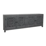 86-inch dark gray carved floral distressed solid wood TV stand with storage and cable management