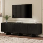 Goldoma rustic wood TV stand for TVs up to 75 inches with wavy door and storage cabinets in a mid-century modern living room