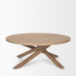 Solid mango wood coffee table 42 inch round farmhouse style with cross legs and natural finish in living room