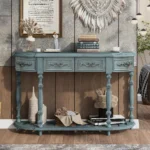 Curved wood console table with adjustable height and four drawers in gray and black finish - Goldoma 52 inch modern entryway table