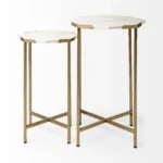 White marble end table with gold metal frame - Goldoma 25" round side table for living room