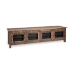 Rustic TV stand 76 inch reclaimed wood with distressed brown finish and enclosed storage doors