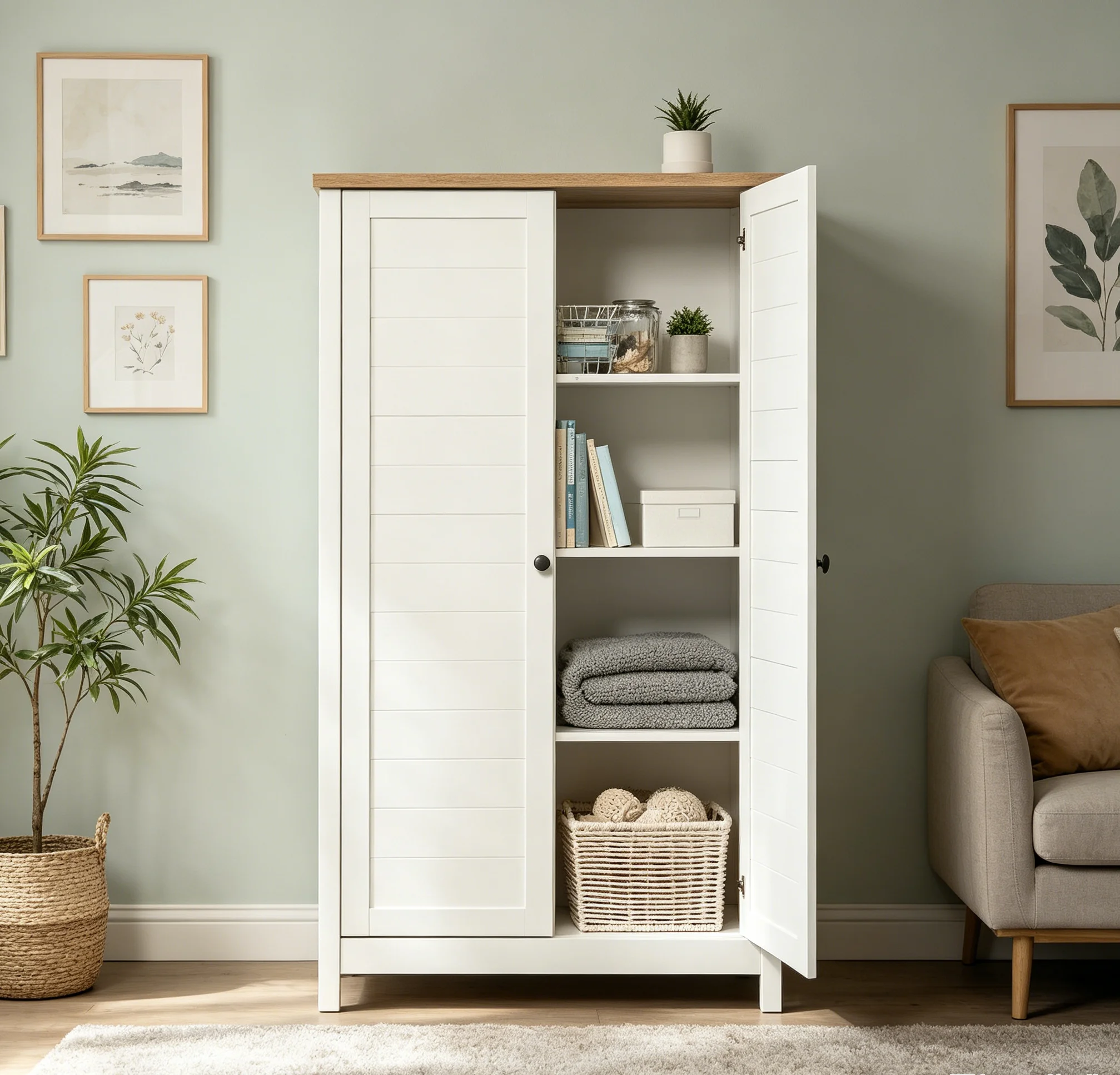 Hce3c1ff67bbc42a08483b6fd0ceb3c74f.webp White engineered wood living room storage cabinet with 5 compartments