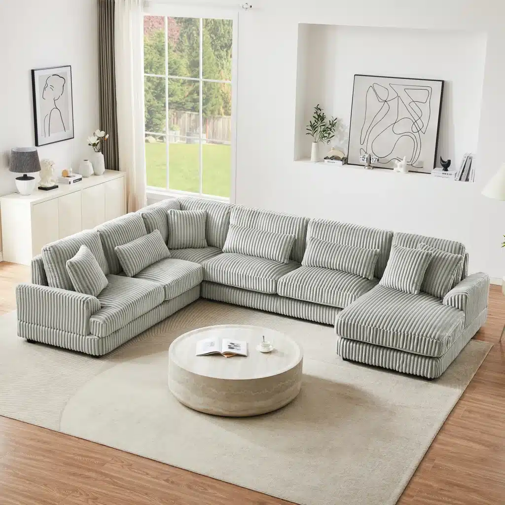 Goldoma 101.2" Corduroy Sectional Sofa Set, Beige Modular Deep Seating with Side Pockets