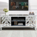 Goldoma Crushed Diamond Glass Mirrored TV Stand - modern mirrored TV stand with sparkling crushed diamond glass panels and adjustable storage