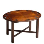 Goldoma 30-inch oval mango wood coffee table with brown top and dark brown base in a living room