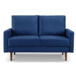Blue velvet Chesterfield loveseat with dark brown wood legs – Goldoma 57-inch compact sofa for living room seating