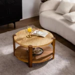Goldoma solid wood coffee table in boho vintage farmhouse style with two-tier storage and natural finish