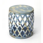 Rustic blue iron end table with round top and lattice base - Goldoma 17" farmhouse side table for small spaces