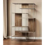 hms 75" Brown And Silver Metal and Wood Six Tier Bookcase