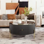 Goldoma round coffee table with two drawers in brown eco-friendly wood