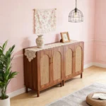 Goldoma rattan sideboard buffet with solid wood legs in walnut finish, featuring two cabinet doors with woven rattan panels