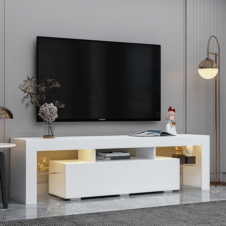 Hd0557903118d4f8dafd088ddcf2005bc1.webp Goldoma wood TV stand with lift top for 60-64 inch TVs, featuring a modern design and adjustable shelves