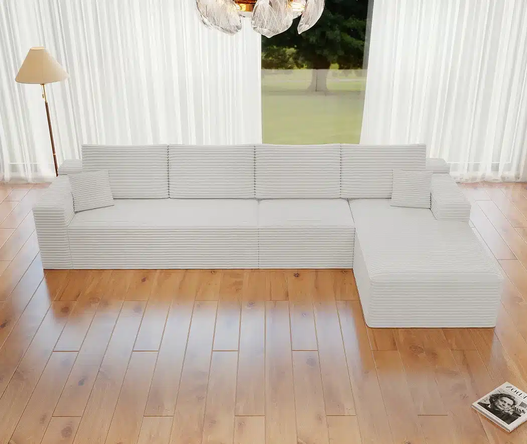 Modular Convertible L-Shape Sectional Sofa, Corduroy Upholstered Couch with Tufted Back, No Assembly Required
