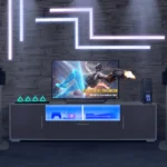 Gray TV stand with RGB lights for 65 inch TVs in a modern living room setting