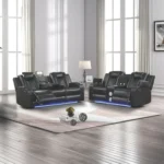 Goldoma power reclining corner sofa set with LED lights in black faux leather