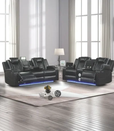 Goldoma power reclining corner sofa set with LED lights in black faux leather