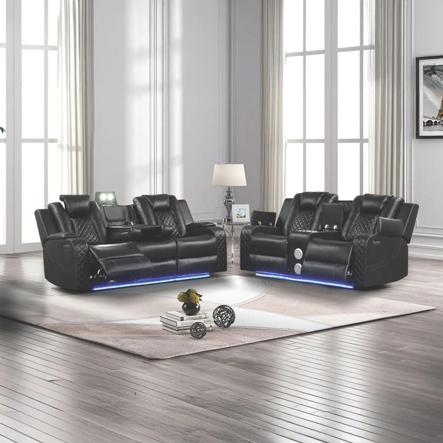Hd1887a7dd27e40d893e3833f8bfc6c6aI.webp Goldoma power reclining corner sofa set with LED lights in black faux leather
