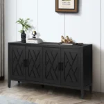 Goldoma 60-inch burnt wood console table with four doors and antique black finish in a modern farmhouse style