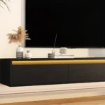 Goldoma floating floor mount TV stand with LED lights and power outlet for 65-inch TVs in high-gloss black finish