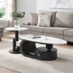 Goldoma brown adjustable console table with marble inset top and drawers in a modern living room setting