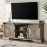 Goldoma Farmhouse Sliding Barn Door TV Stand for TVs up to 80", Grey Wash with LED Lighting – top view
