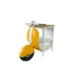 Goldoma scooter side table in yellow, white, and natural wood finish with two shelves
