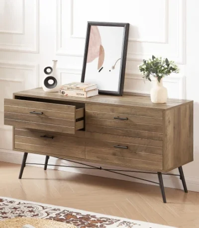 Goldoma rustic walnut TV cabinet with 4 drawers in a living room