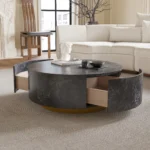 Modern round coffee table with drawer featuring marble pattern finish and solid wood legs - Goldoma