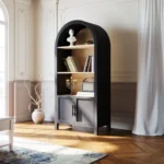 Goldoma tall bookcase with cabinet - mid-century modern 3-tier arched bookcase in solid wood and MDF