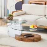 Goldoma double layer coffee table with white marble top and wood grain base in living room setting