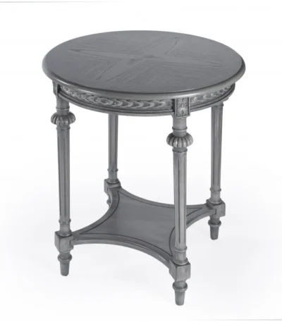 Goldoma 27 inch gray farmhouse round end table with shelf in living room setting